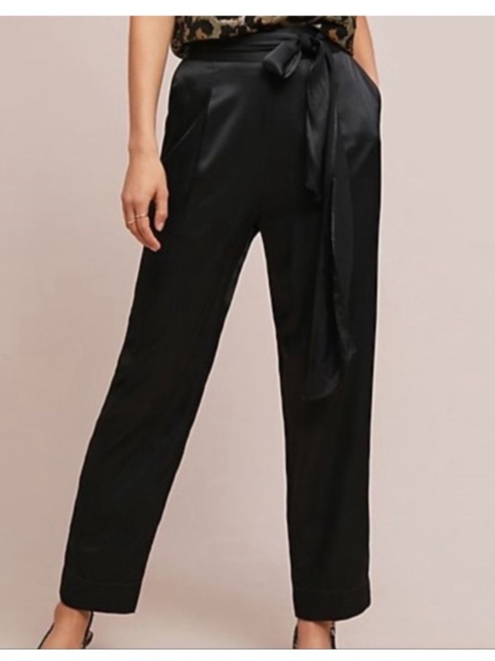 Anthropologie Black Satin Paperbag-Waist Tie-Front Wide-Leg Trousers